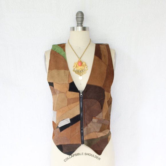 Vintage 60's Leather vest tunic Patchwork fish scale hippie western Free People - Picture 8 of 11
